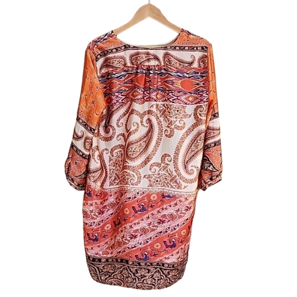 ZARA Paisley Tunic Top L Satin Blouse Orange Long Shirt Boho Convertible Sleeves - Picture 12 of 15